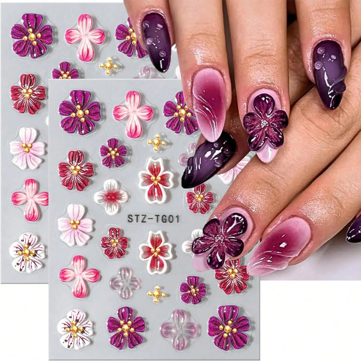 

3D Floral Nail Stickers Purple Pink Flower Decals Self-Adhesive Manicure Decor for Nail Art