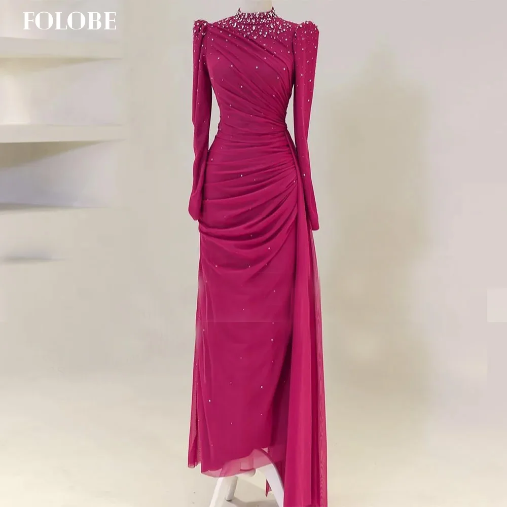 فستان سهرة من FOLOBE فوشيا بكريستال وأكمام طويلة ورقبة عالية فساتين سهرة متواضعة للنساء فستان زفاف مخصص