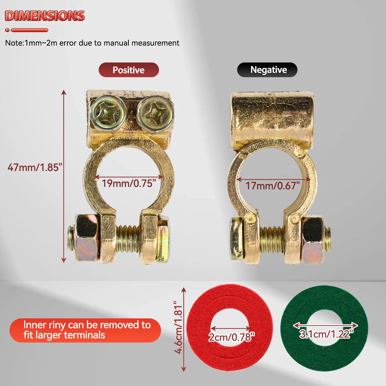 2x Pure Brass Truck Car Auto Battery Wiring Pile Head Positive & Negative Battery Terminal Connector Clamp Top Post Wire Washers