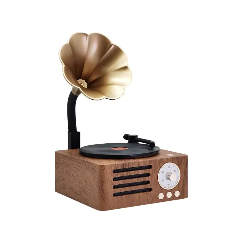 T15 Retro Bluetooth Speaker Vintage Phonograph Vinyl Record Player with Copper Horn 3 in 1 AUX Radio Desktop Music Box Home