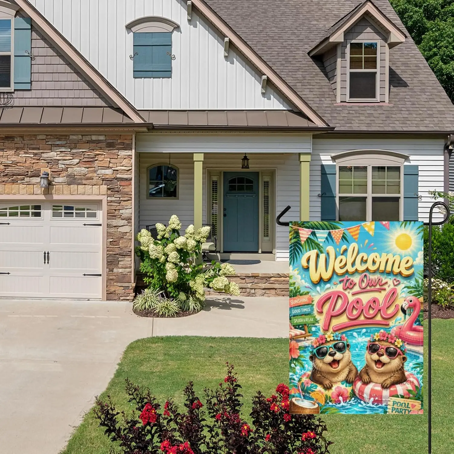 Cute Otter Pool Party Garden Flag 28x40 Inch,Welcome to Our Pool Summer Flamingo Float Tropical Leaves Poolside Decor,Funny  kkz