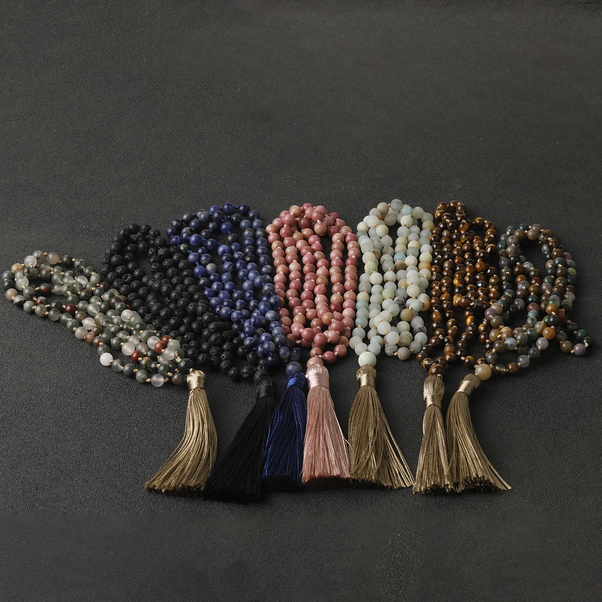 OAIITE 6mm Natural Stone Beads Necklace 108 Beads Mala Long Chain Necklace With Tassels Yoga Meditation Spiritual Jewelry