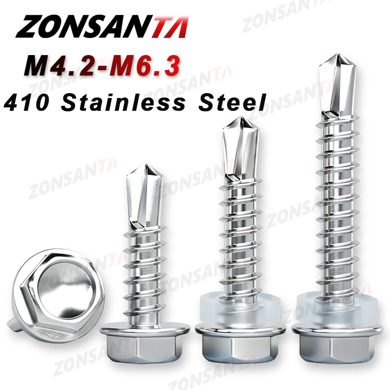 410 Edelstahl Sechskant-Bohrschrauben M4.2 M4.8-M6.3mm Selbstschneidende TEK-Schrauben mit Gummiring Dachschrauben # 8 # 10 #