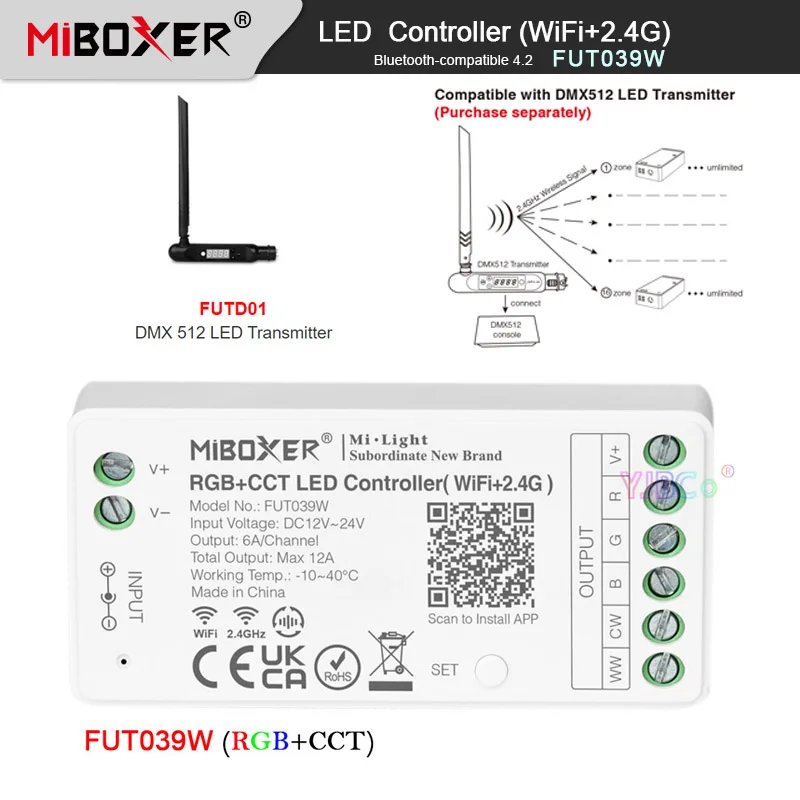 

Miboxer 12 В 24 в 12A Tuya 2,4G WiFi RGB + CCT светодиодный контроллер DMX диммер Bluetooth-совместимый 4,2 с DMX 512 светильник передатчик