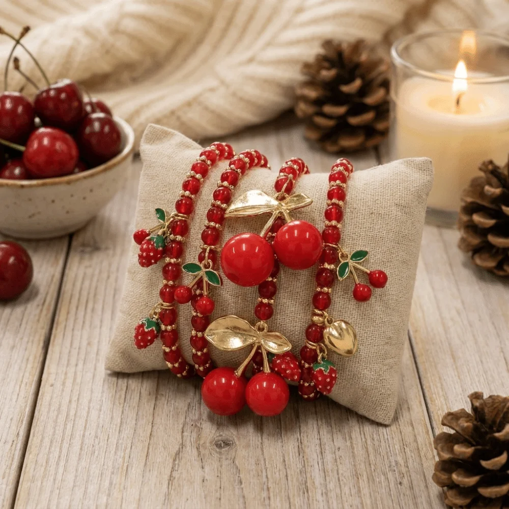 New Beaded Stackable Bracelet Set Fruit Heart Red Cherry Hand Chain Lightweight Strawberry Hand Jewelry Christmas