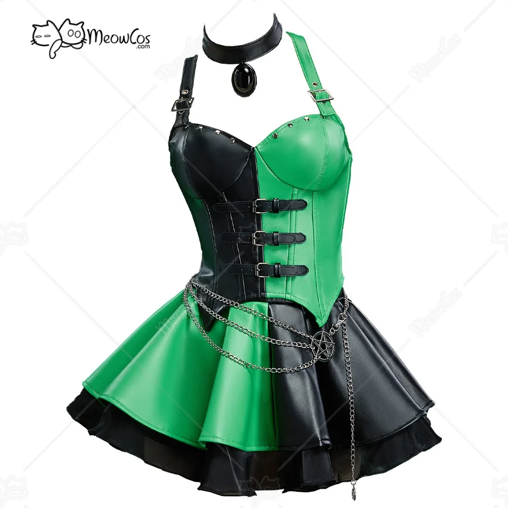 

Meowcos женский готический черный, зеленый, симметричный корсет с цветными блоками, комплект с юбкой, топ и юбка с колье и цепочкой на талию, Хэллоуин