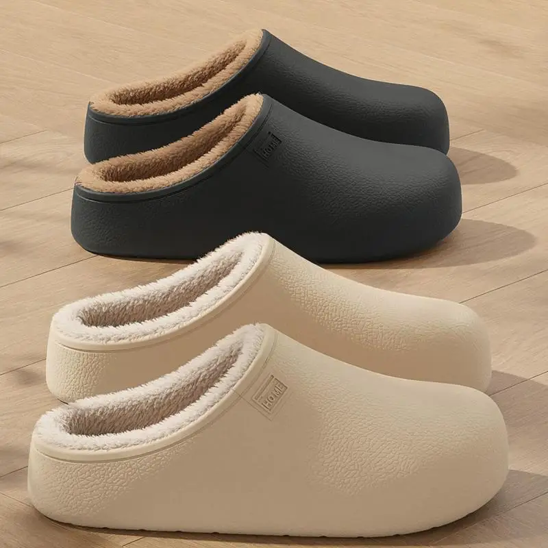 Women Waterproof Non Slip House Slippers 2026 Winter Warm Long Plush EVA Slippers Women Plus Size 44 Lightweight Outdoor Shoes