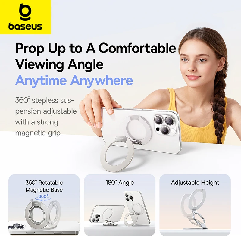 

Baseus Magnetic Dual-Ring Folding Phone Stand 360° Rotation 180° Adjustment Mobile Phone Holder for iPhone 17 16 15 Pro Max