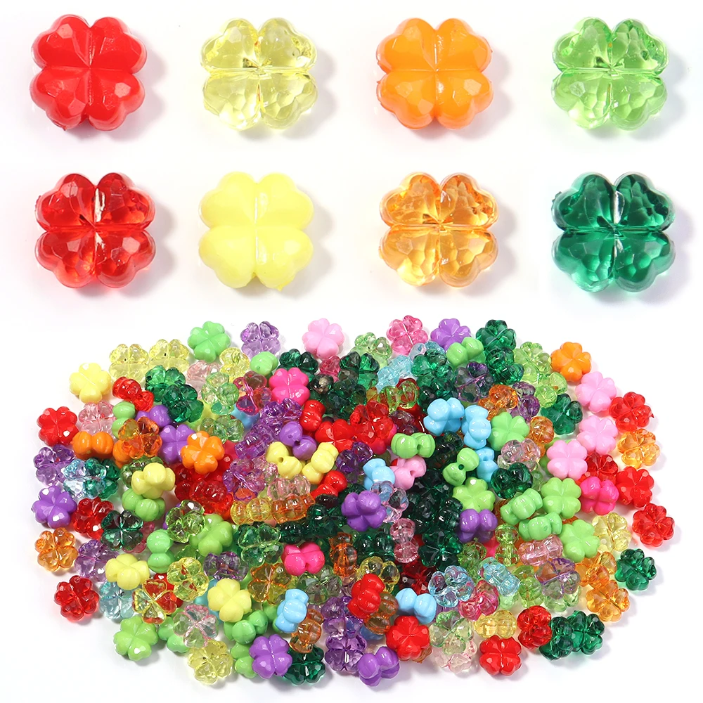 50pcs/lot 11mm Acrylic Transparent Flowers Beads Faceted Four-Leaf Clover Beads For DIY Phone Chain Necklace Bracelets Supplies