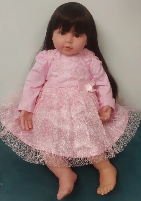 Baby Silicon Doll Long Hair Soft Silicone Vinyl Reborn Toddler Girl Doll Pink Princess Dress  Lifelike Real Baby Long wig Hair