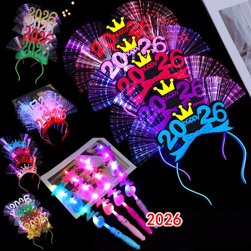 2026 سنة جديدة سعيدة أغطية الرأس LED متوهجة عقال الإبداعية مضيئة القوس تاج وامض لعبة هدايا عيد الميلاد اكسسوارات الحفلات