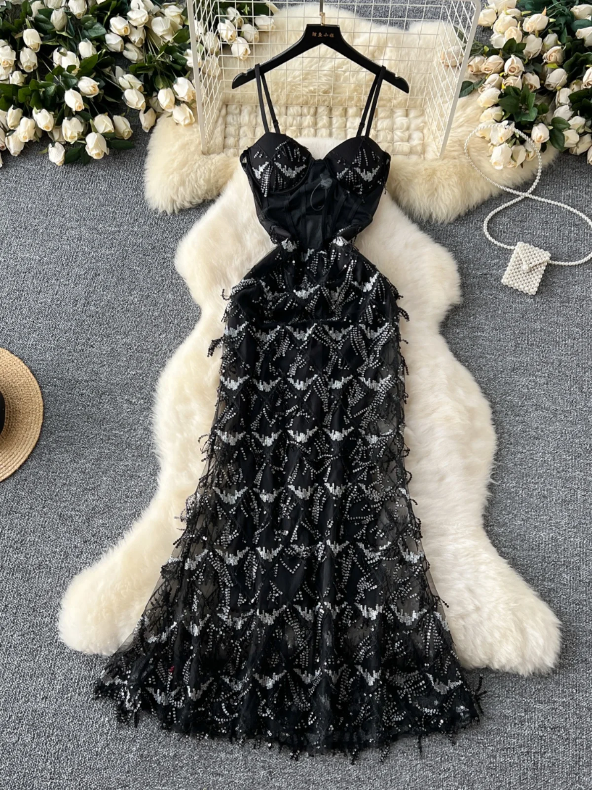 Ofallsis High End Banquet Party Evening Dress 2024 Summer New Sexy Perspective Mesh Tassel Sequin Slim Fitting Suspender Dresses