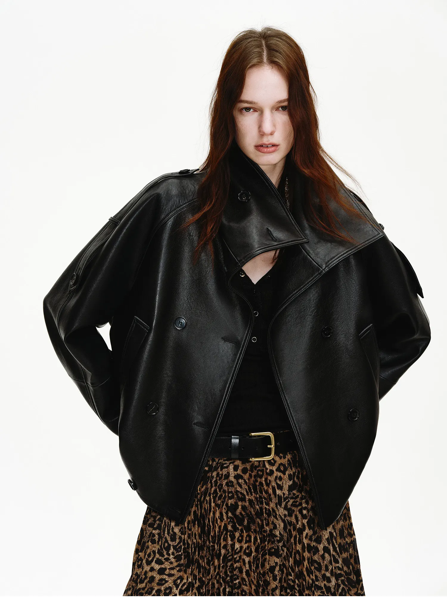 Lautaro Spring Autumn Cool Handsome Oversized Black Pu Leather Jackets for Women Double Breasted Luxury Designer Clothes Fashion