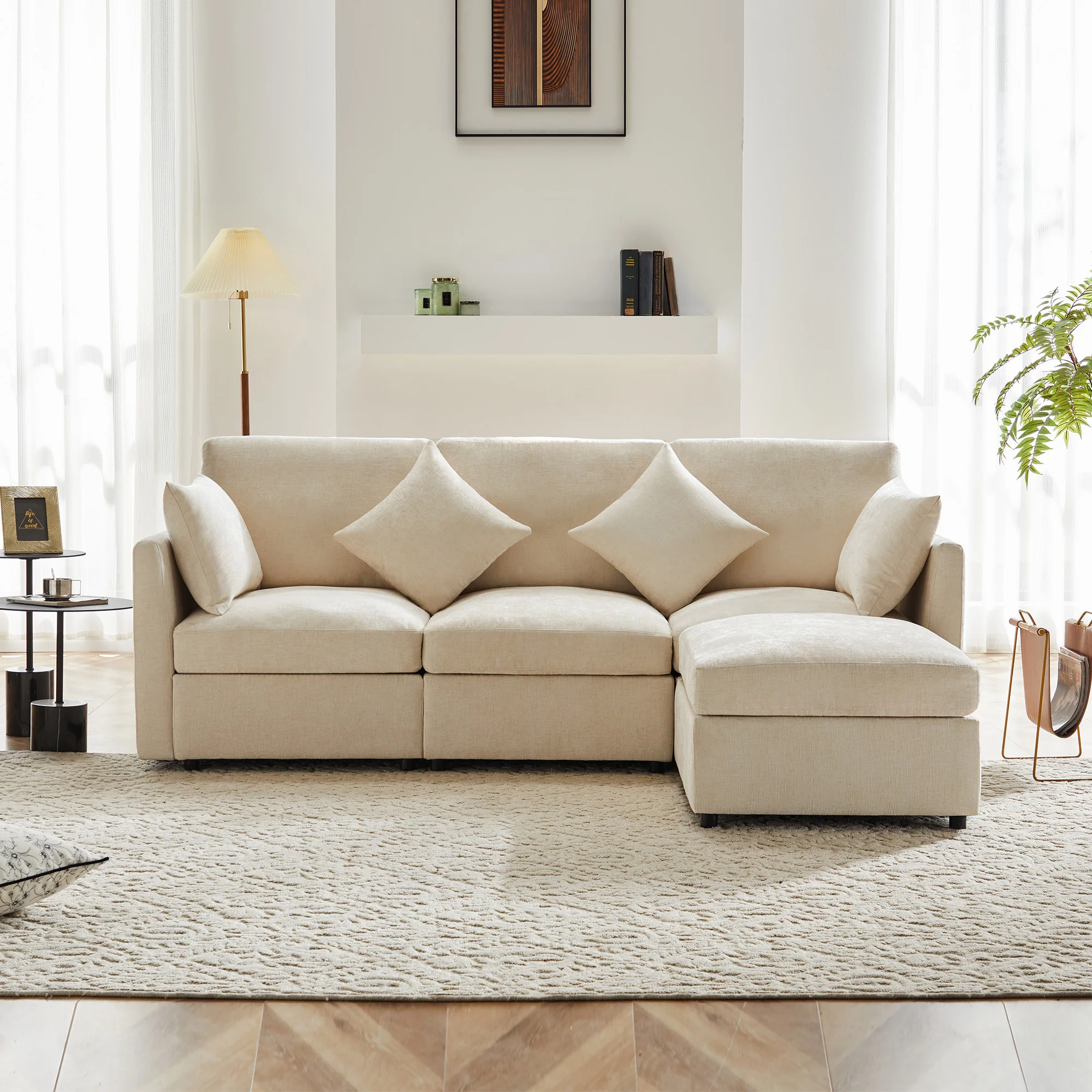 Sofá esquinero de 4 plazas - con puf móvil y asiento desmontable color arena - para salón - en chenilla - beige 216 × 161 × 81 cm