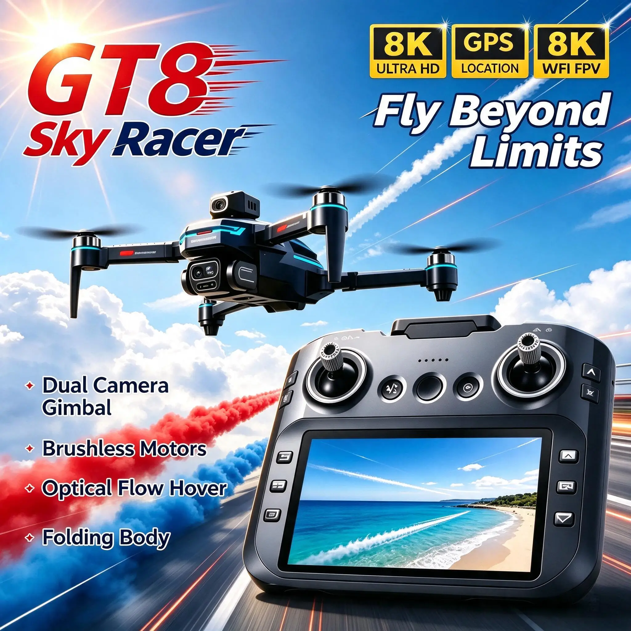 GT8 Professional Dual Camera 8K GPS Drone FPV Brushless Motor Optical Flow Hovering Folding Quadcopter RC Drone Toy Gift