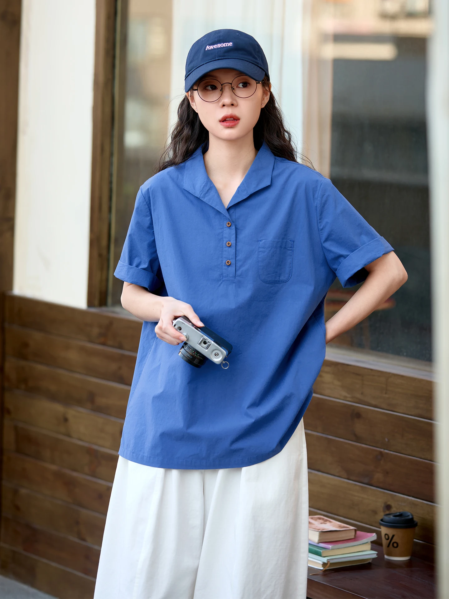 

Рубашка свободного кроя из чистого хлопка с кубинским воротником и короткими рукавами, женская повседневная летняя синяя рубашка, дышащая, удобная, в японском стиле