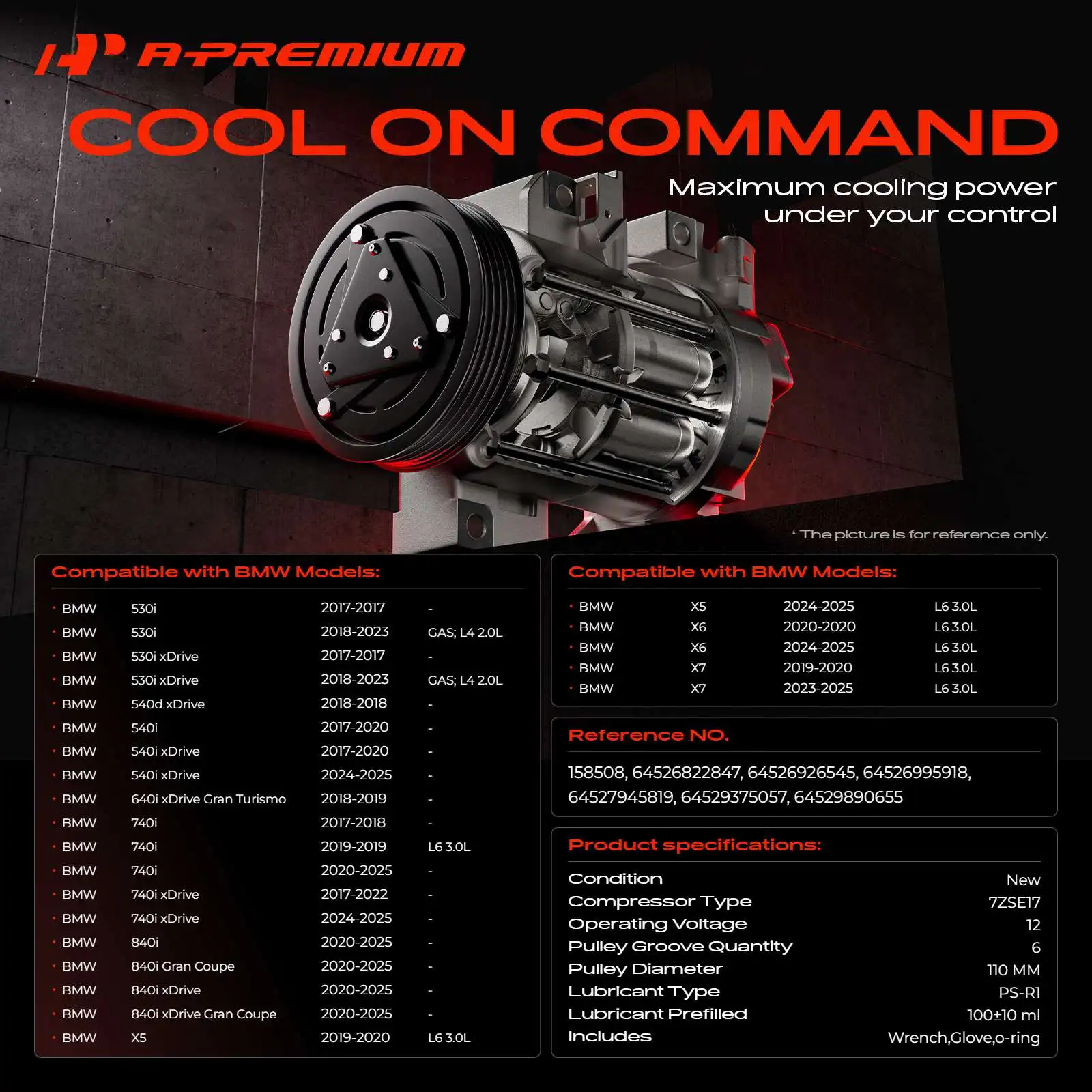 A-Premium AC Compressor with Clutch for BMW X5 2019 2020 530i 530i xDrive 2017-2023 540i 540i xDrive 2017-2020 540d xDrive 2018