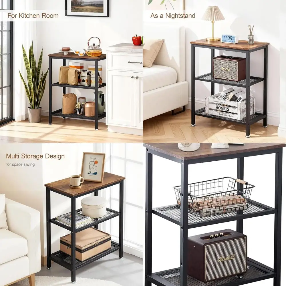 

Industrial-Style 30 Tall 3-Tier End Table with Storage for Bedroom or Living Room, Easy Assembly, Brown