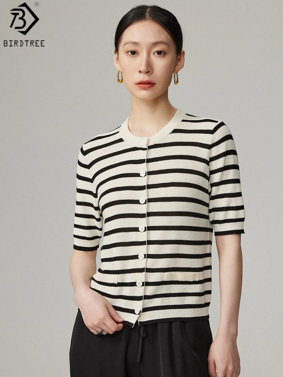 

Футболка Birdtree из смесового шелка в полоску, тонкий топ с круглым вырезом, женская вязаная рубашка с коротким рукавом, на одной пуговице, новинка 2026 года T62232JF