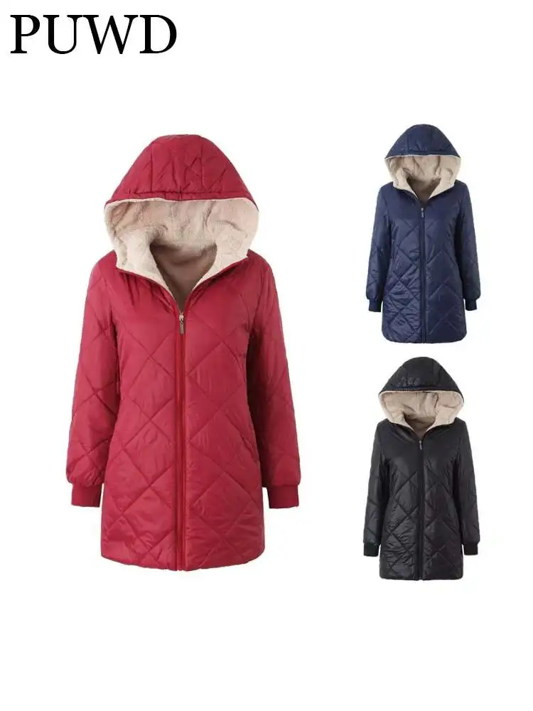 PUWD-Jaqueta casual feminina de algodão com capuz médio, parka retrô quente, outwear grosso feminino, treliça, outono, inverno, 2023