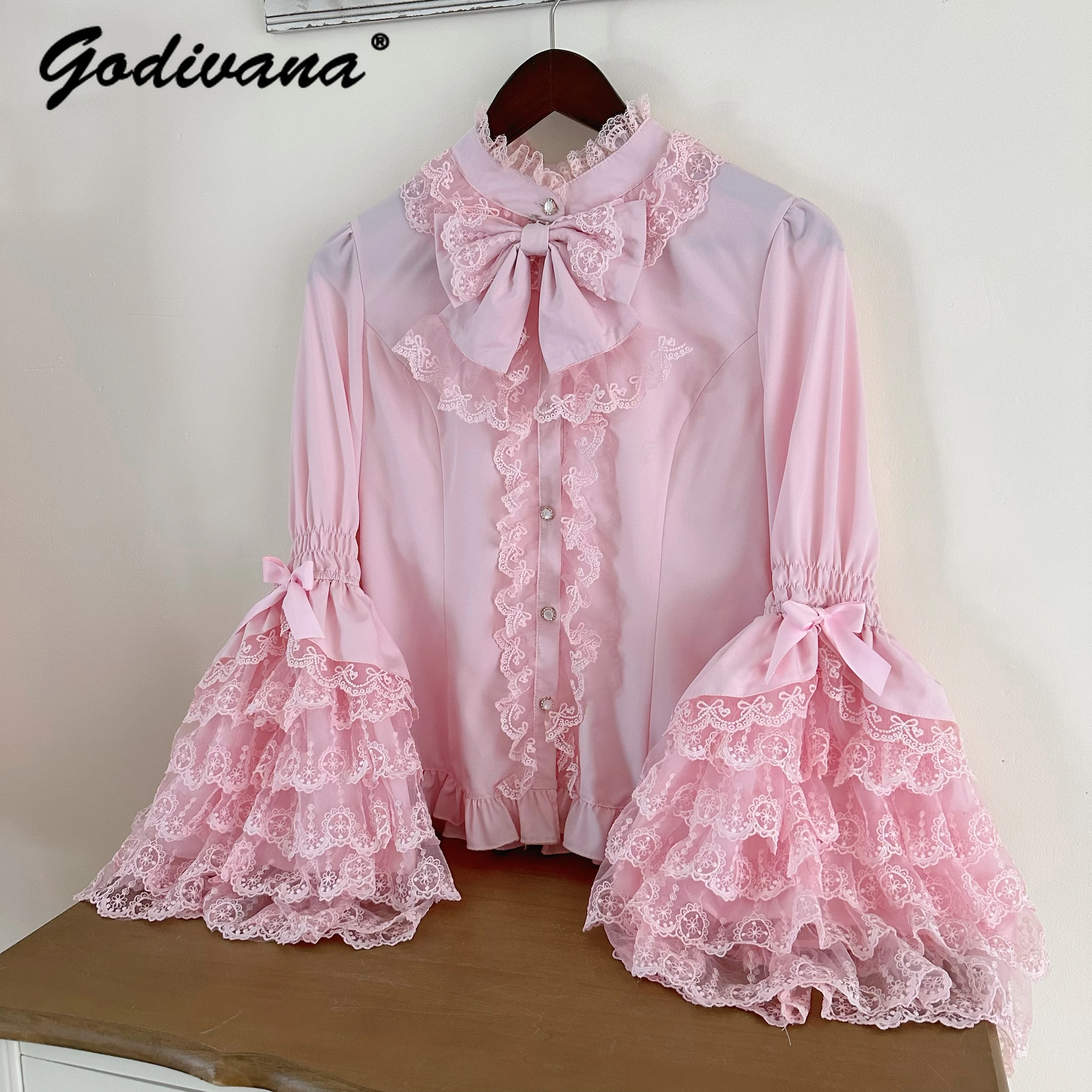 الحلو الفتيات الوردي فستان مجموعة رائع زهرة الزواج الأميرة مقوس دانتيل Jsk الحمالة فستان لوليتا قميص طويل الأكمام ملابس النساء #6