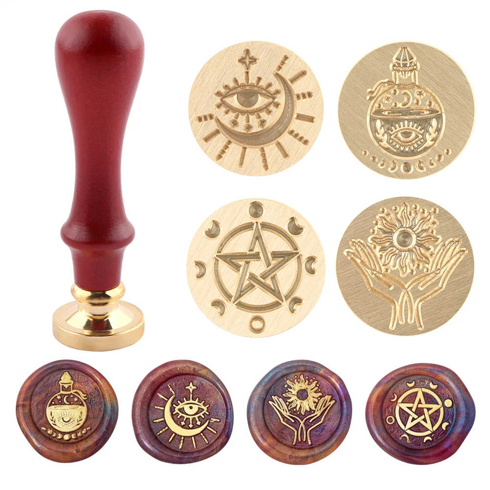 Juego de sellos de cera, cabezal de sello de sellado de fases lunares de pentagrama pagano, patrón de pentáculo de luna triple de mal de ojo vintage y botella de sol