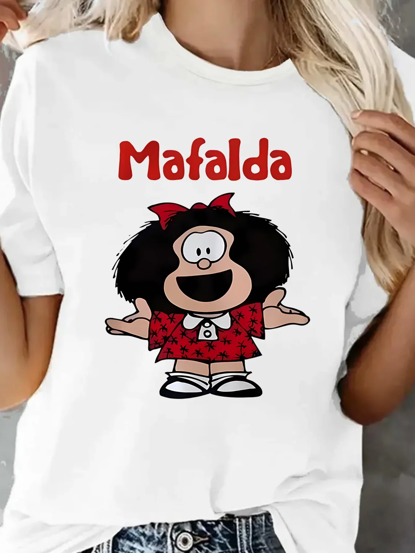 Women'S Casual Crew Neck T-Shirt Blend with Medium Stretch Knit Fabric Short Sleeve Tee with Mafalda Graphic Print for