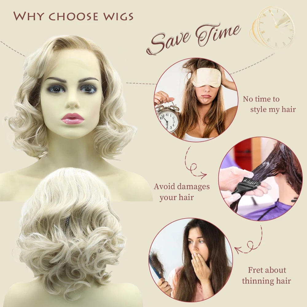 Hochwertige 13×4 3×3 vordere Spitzenperücke Monroe Cosplay Kunsthaar für Halloween Tägliche Party 14 Zoll kurzes lockiges Haar Natur