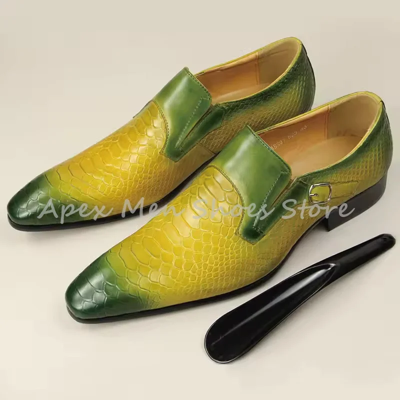 Mocasines de piel de serpiente de diseñador amarillo y verde, zapatos formales de tacón bajo con hebilla degradada y punta estrecha, zapatos Oxford diarios para trabajo