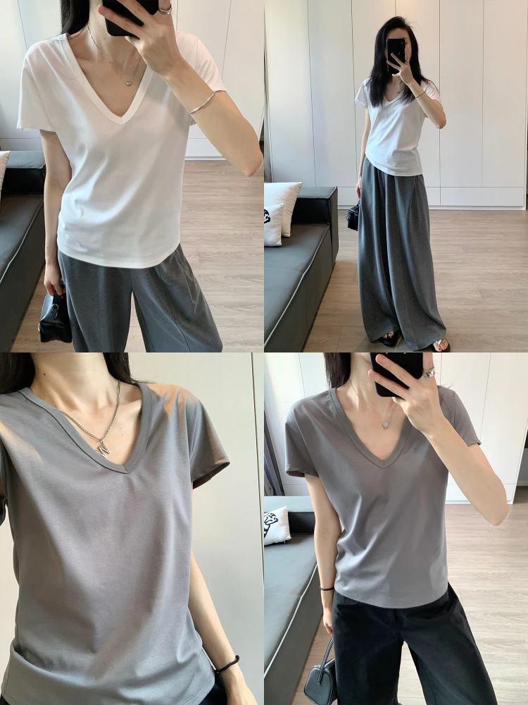 

Awencoat 00% хлопок V-Ne ort Sve Футболка Женская свободная утягивающая футболка с волнистым дном Простой летний топ Faionable Basic Cot...