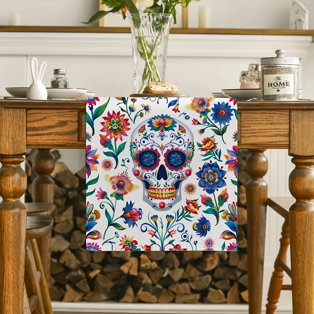 Mexico Colorful Flowers Skull Linen Table Runner Table Decor Mexican Day of The Dead Día De Los Muertos Table Runners Home Decor