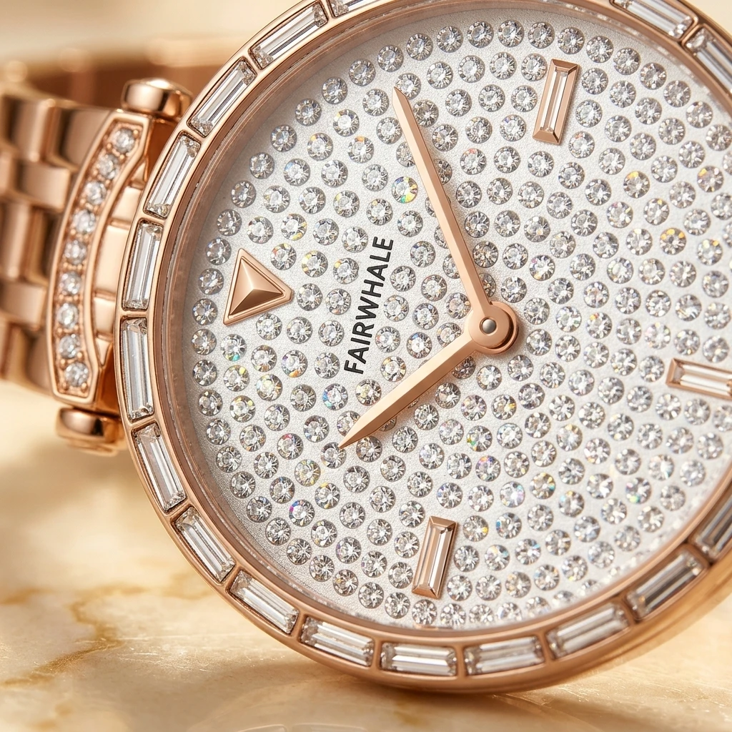 Mark Fairwhale Ladies Quartz Watch Round Full Paved Rhinestone Dial Baguette Crystal Bezel Metal Link Bracelet Female Wristwatch