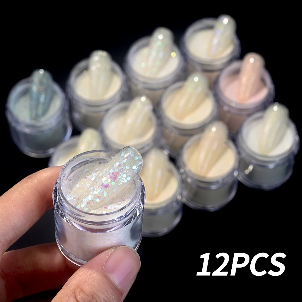 12 Farben/Set Diamant Acryl/Tauchpulver Nail Art Glitzer Gemischte bunte Symphonie Pigment Holographische Nagelpailletten # 3 IN 1 *10 ml*