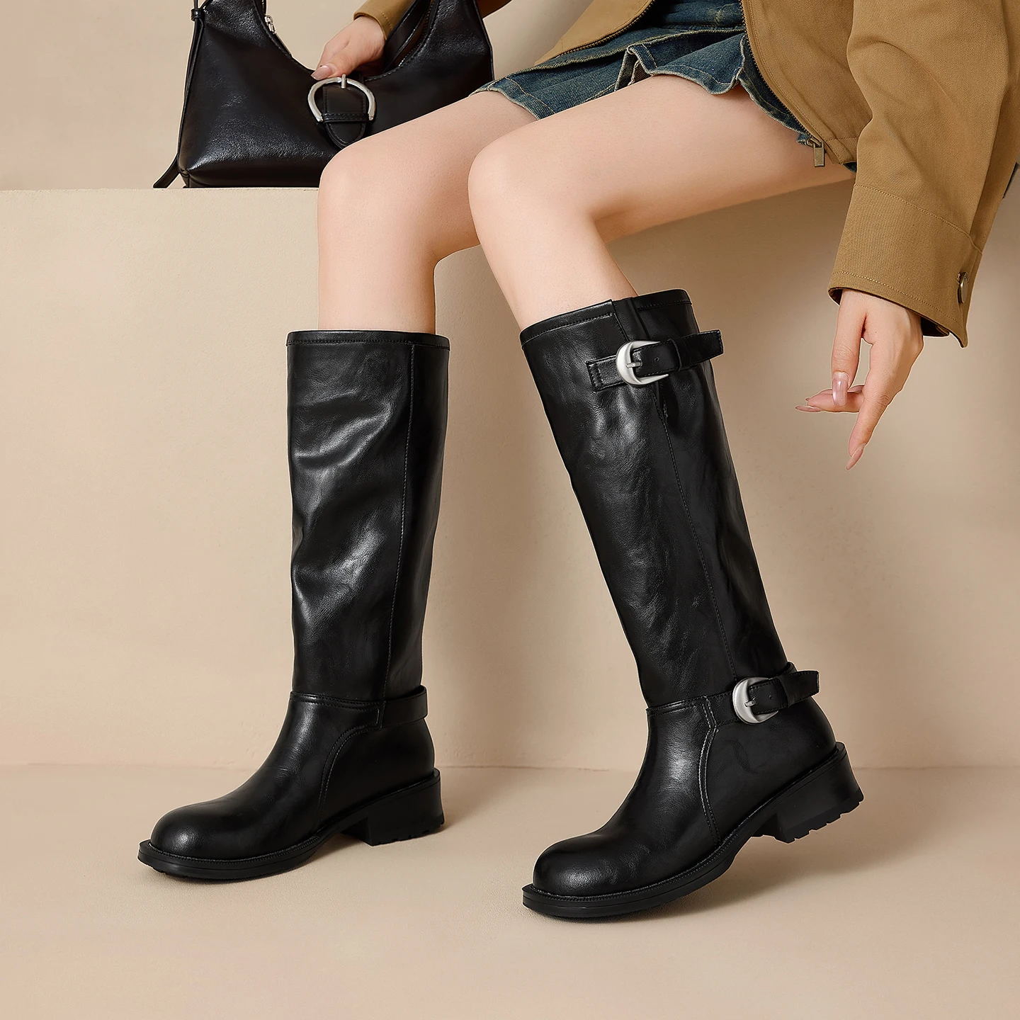 New 2027 Autumn Brown Split Leather Cowhide Riding Boots Round Toe Slip-on Middle Heel Knee High Boots Belt Buckle Women's Boots