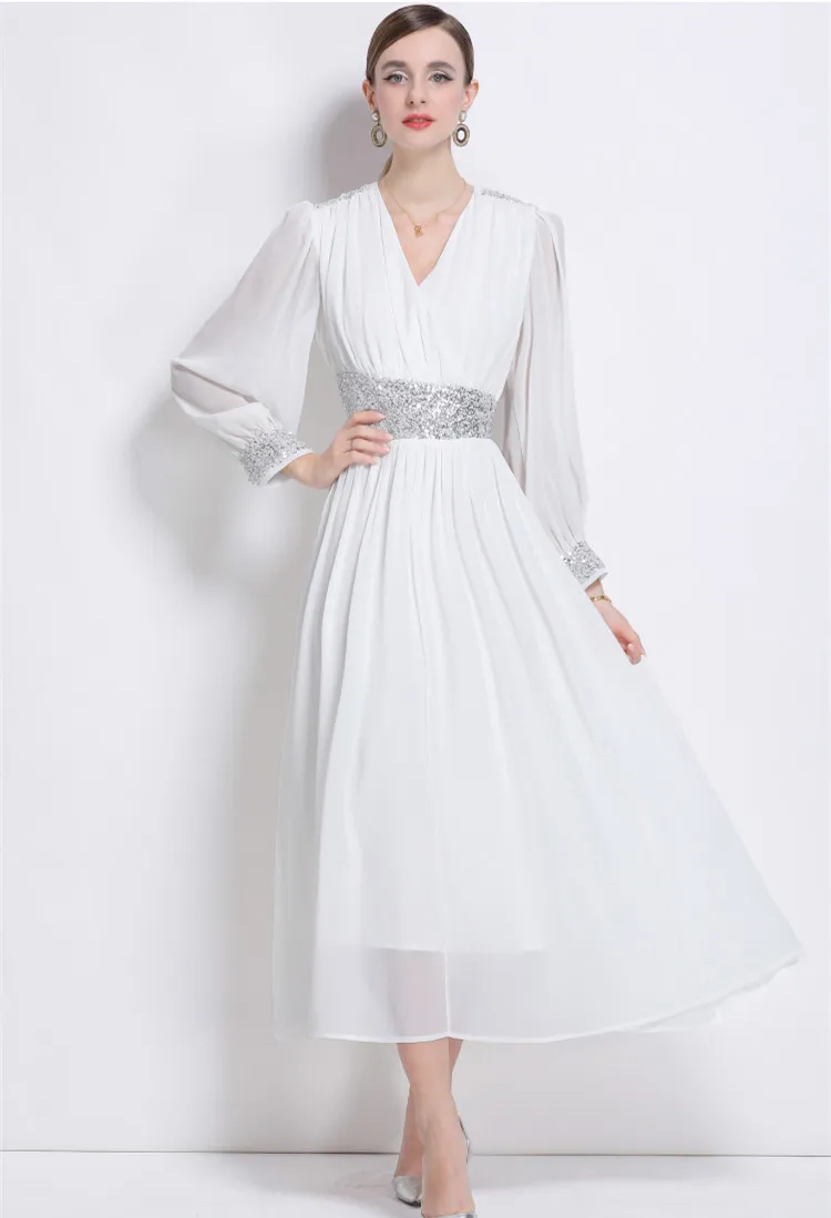 

Solid Spliced Sequines Chiffon Midi Dresses For Women's V-neck Long Lantern Sleeves High Waist Slim Elegant Formal Dress Female