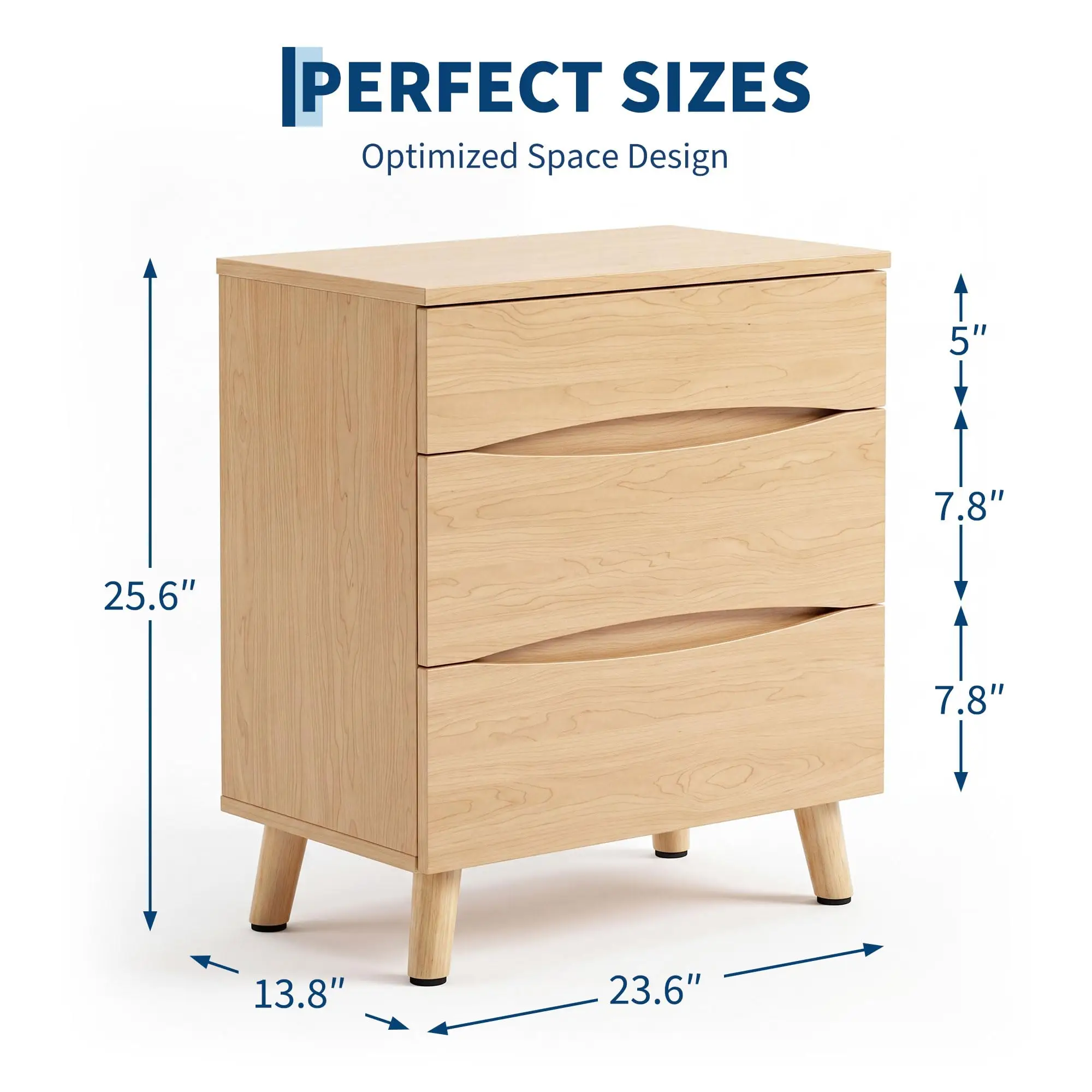 24 Inch Wide Nightstand With 3 Drawers, Natural Wood Bedside Table With Wooden Top, Modern Storage End Table For Bedroom Living Room Office