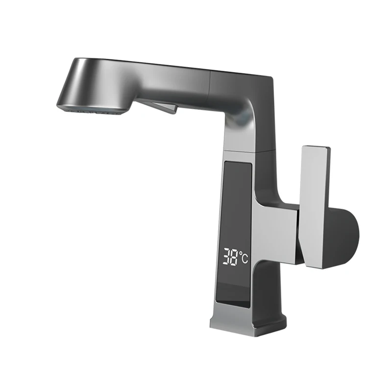 

Интеллектуальный цифровой вращающийся на 360-градусный латунный выдвижной смеситель для умывальника, смеситель для раковины в ванной комнате с выдвижным спреем