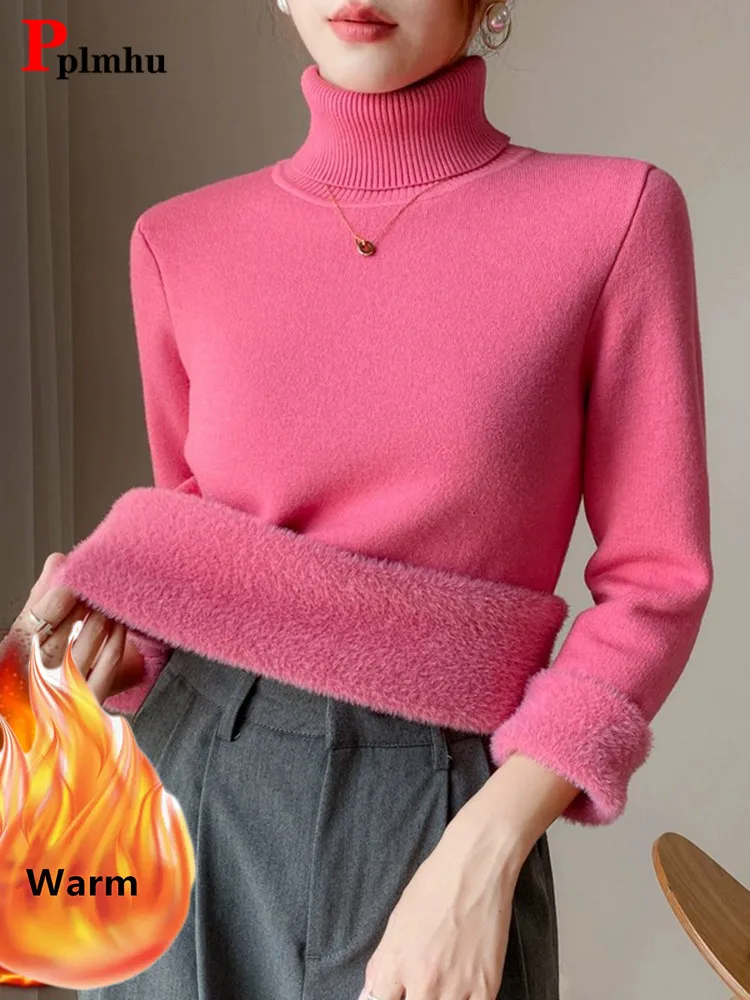 Womens Pink Turtleneck Sweaters Warm Plush Lined Knitted Pullovers Vintage Warm Sueter Malhas Tops Casual Knitwear Stretch Kazak