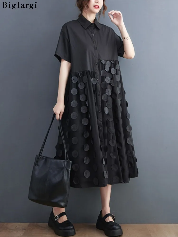 

Oversized Summer Shirts A-Line Long Dress Women Polka Dot Mesh Patchwork Fashion Ruffle Ladies Dresses Loose Casual Woman Dress