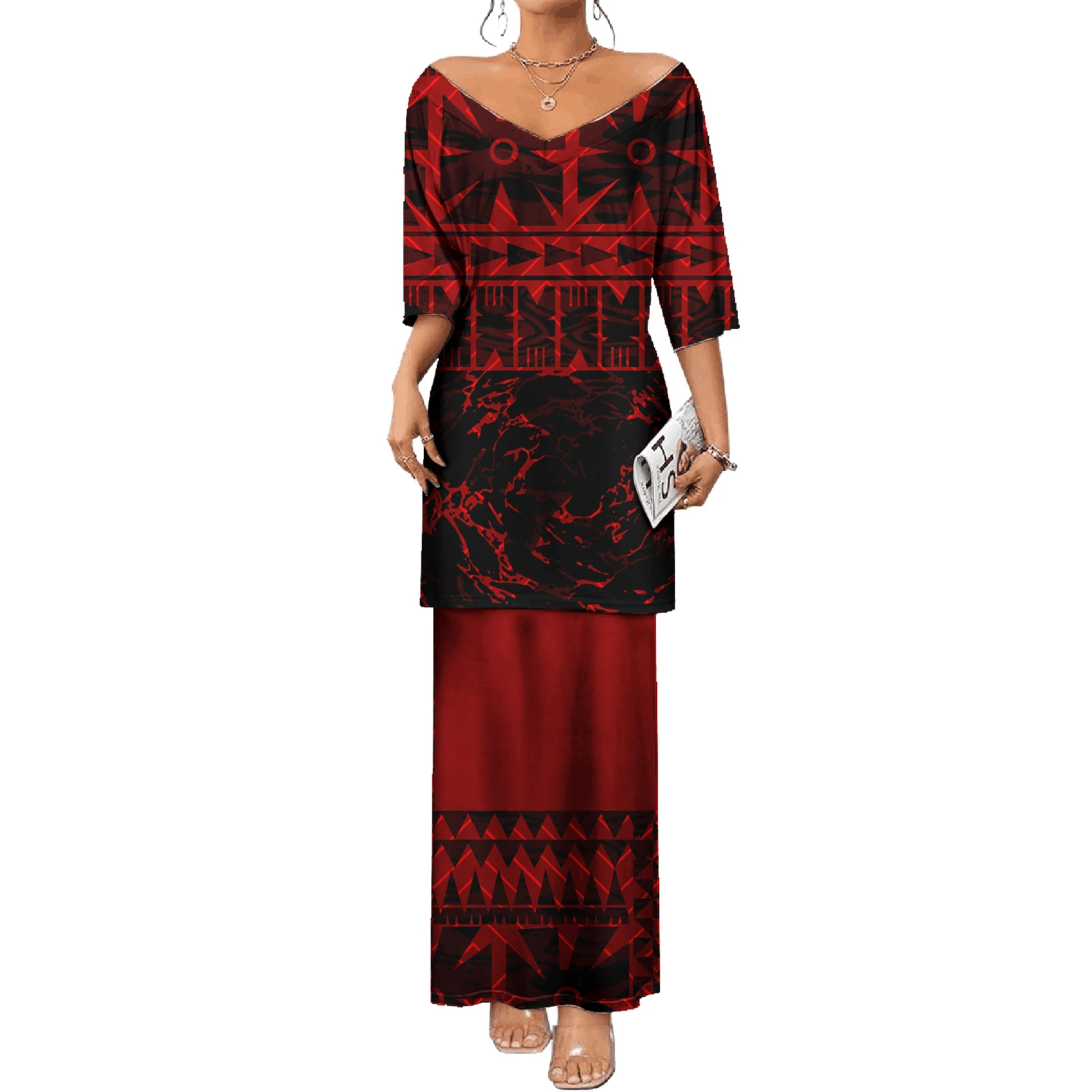 Asia & Pacific Island Clothing V-neck Tops And Skirts 2 Pcs Dress Set Plus Size Elegant Polynesian Women Dresses Puletasi Samoa