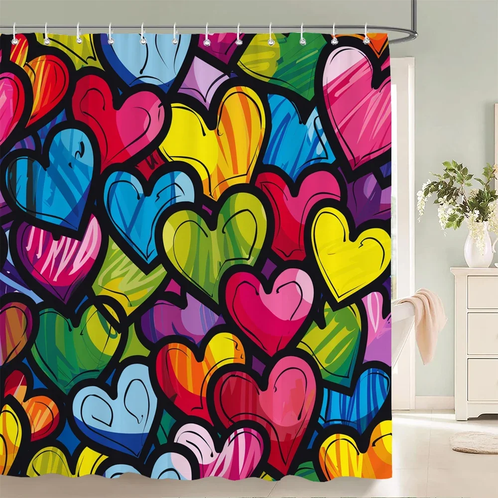 

1Pcs Colorful love pattern fabric waterproof shower curtain, home decoration Romantic heart shape bathroom curtain, with hooks