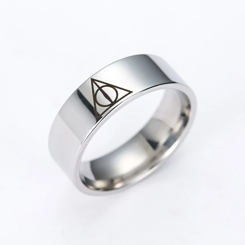 Movie Trendy Silver Color Deathly Hallows Stainless Steel Rings Geometric Circle Triangle Ring for Men Women Jewelry