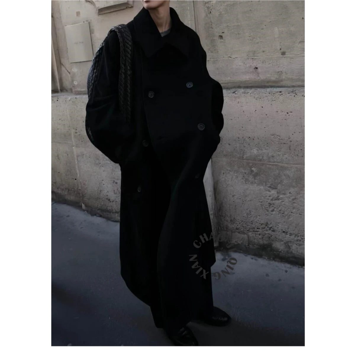 

Double Breasted Silhouette Coat for Women, Loose Wool and Cashmere Medium Length Woolen Coat, Autumn and Winter 2025