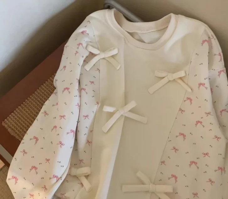 

Bow Floral Thin Hoopless Sweater Women's Spring and Autumn Oversize Lazy Loose Crew Neck Top