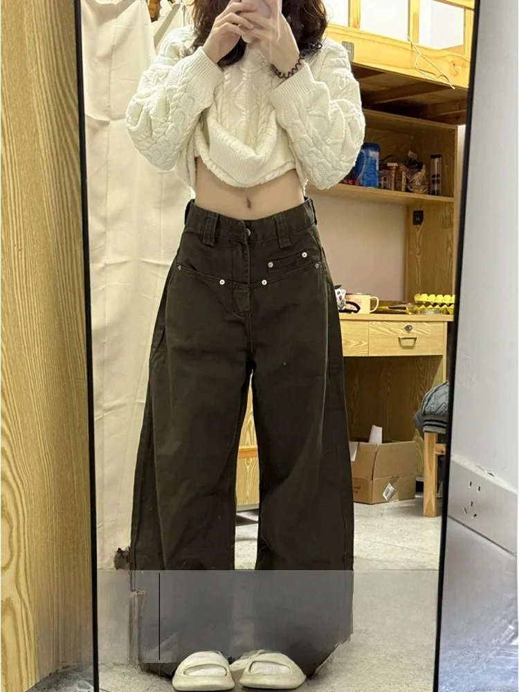 

Джинсовые брюки большого размера в американском стиле ретро, женские осенне-зимние новые утягивающие маленькие широкие брюки кофейного цвета