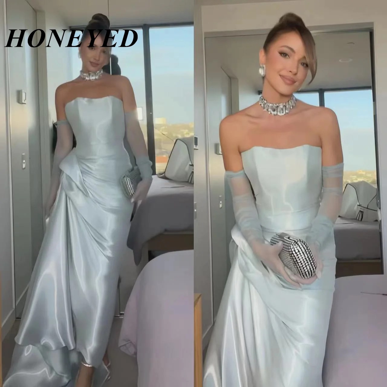 HONEYED Elegant Strapless Prom Gown Satin Long Prom Formal Evening Dresses Sleeveless Sweep Train Simple Party Dress for Woman