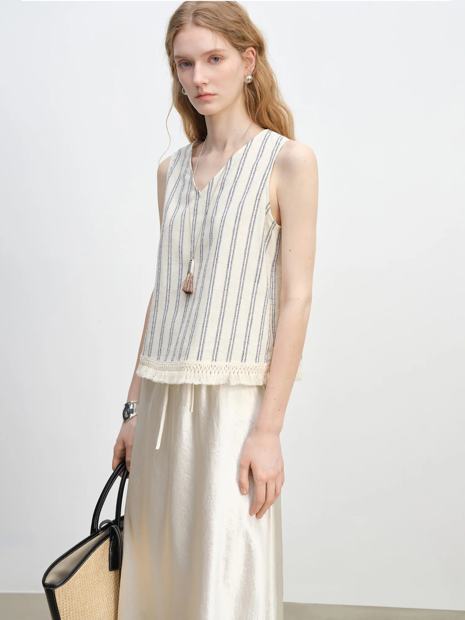 ZIQIAO Petite Women's Summer Linen Sleeveless Vest with Retro Striped Design Perfect for Vacation and Beachwear 25ZQ92315