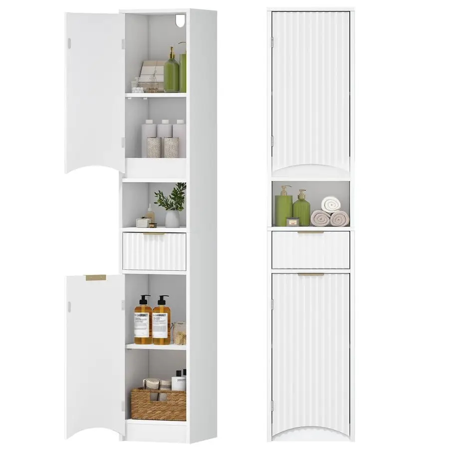 

Bathroom Cabinet, Tall Storage Cabinet with 2 Doors amp 1 Drawer, Cabinets with Adjustable Shelves amp Wave Doors, Silm Bathroom