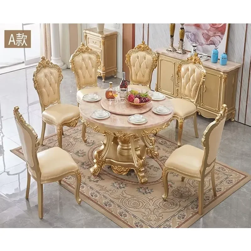 French Royal Classic 6-Seater Dining Room Set Champagne Gold Oval Table Wood Inlay Veneer Leather Chairs view 5