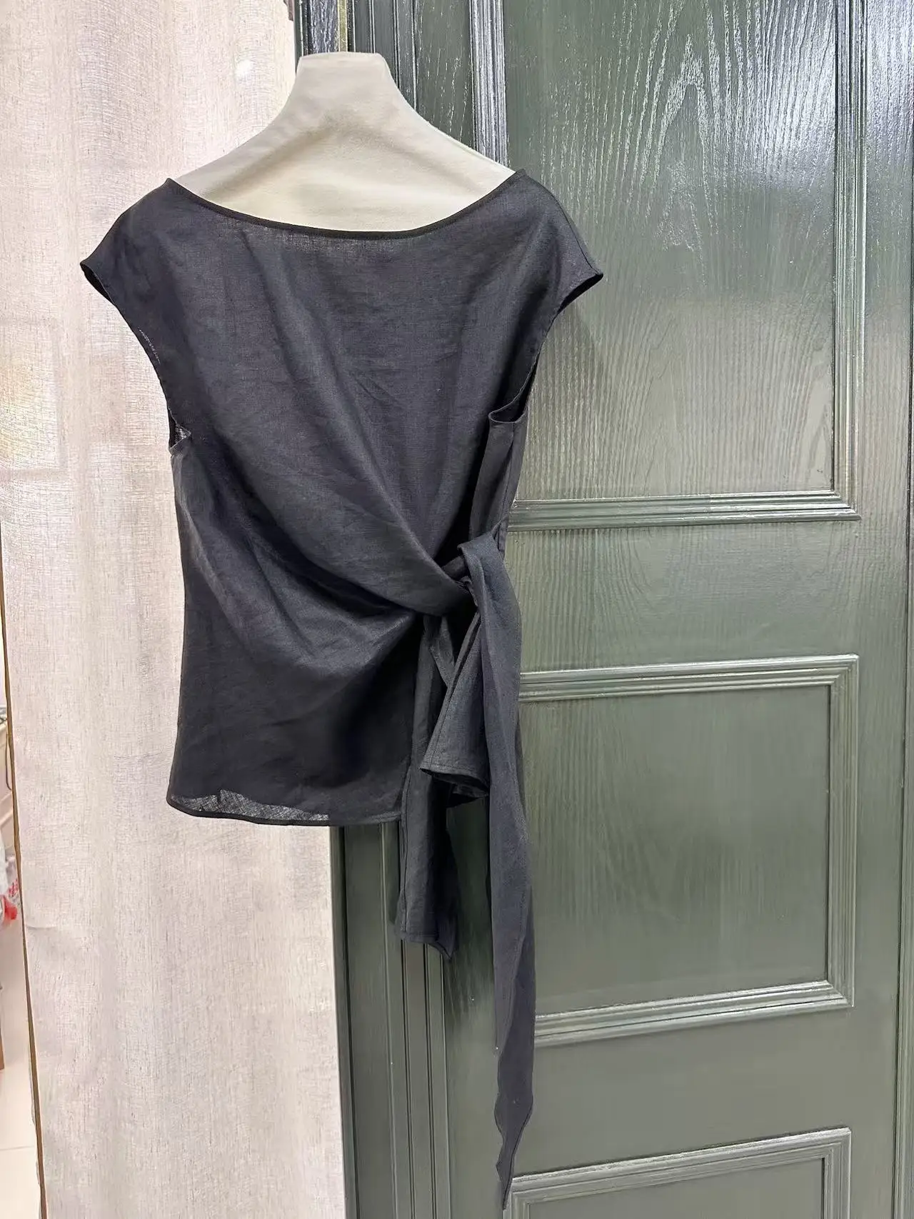 2-Colors Women Casual T-Shirt 100% Linen Lace-up Waist-Cinching Round Neck Short Sleeve Loose Female Tee Tops